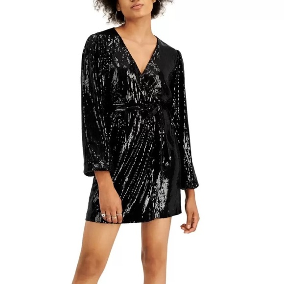 LEYDEN Sequined Wrap Mini Dress in Black Size Xs NWT (Missing Belt)